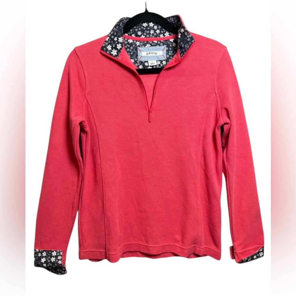 Orvis Quarter Zip Pullover Sweatshirt Floral Collar‎ Pink Small